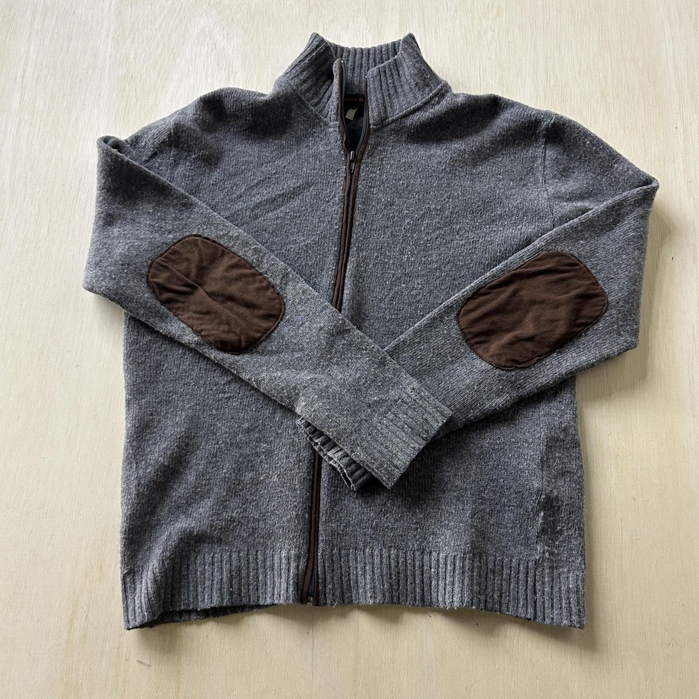 Vintage Pierre Cardin Sweater Mens Medium Gray Full Zip Mock Neck‎ Elbow Patch